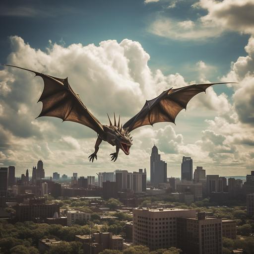 dragon flying over cleveland skyline