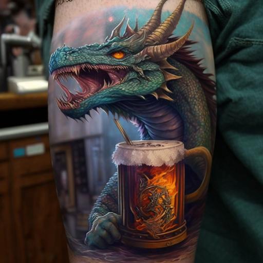 dragon marinero asomado a un ojo de buey tomando una jarra de cerveza con tatuaje de un ancla en el brazo estilo Jojo's