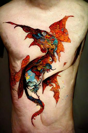 dragon with butterfly wings, tattoo on skin:: by Roger Dean, by Paul Pope, by Peter Max:: skin art —ar 2:3 —test