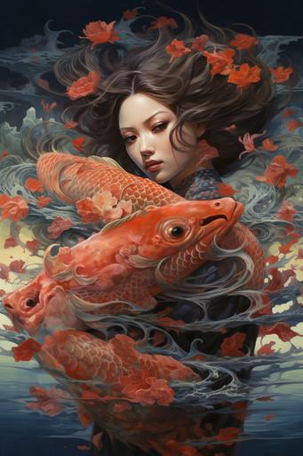 dragoncore celestialpunk koi fish, ukiyo-e, water colour, floating, movement, cherry blossoms, cherry trees, baroque shattered mirror, kintsugi, tarot, fractal texture, high relief, nebulae :: geisha, wizard, sorcerers apprentice, oracle :: by mohrbacher and hokusai and luis royo and aleksi briclot --ar 2:3