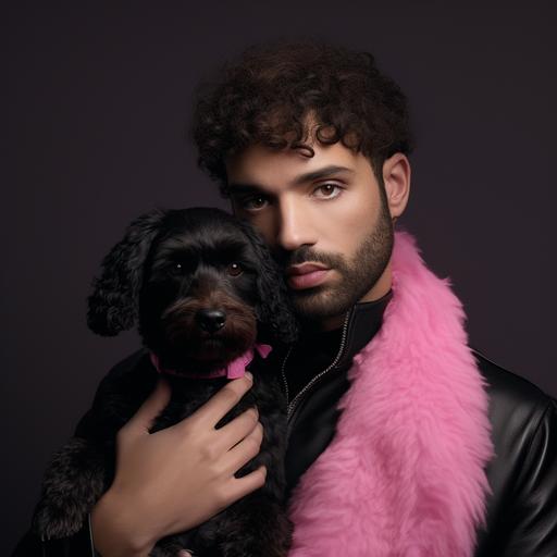 drake with short hair holding a cute black bishon frise dog with a pink ribbon starring into the camera like a professional photoshoot, punk