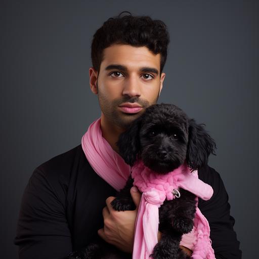 drake with short hair holding a cute black bishon frise dog with a pink ribbon starring into the camera like a professional photoshoot, AR