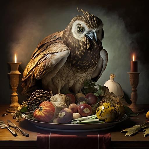 dramatic Caravaggio lighting , thanksgiving turkey on a platter but its an owl, its an owl, not a turkey, its a cooked and prepared owl dinner, its a bit gamey for meat but its a superb owl nonetheless, hyper-detailed, hyper-realistic, hyper-yummy