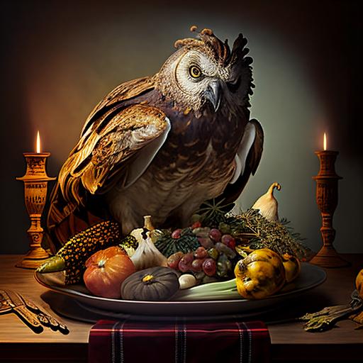 dramatic Caravaggio lighting , thanksgiving turkey on a platter but its an owl, its an owl, not a turkey, its a cooked and prepared owl dinner, its a bit gamey for meat but its a superb owl nonetheless, hyper-detailed, hyper-realistic, hyper-yummy