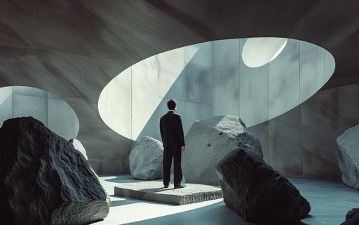 dramatic Sisyphean shot of a luminogram art gallery showcasing maximalist Sisyphean architectural luminogram endless rocks portals photography luminosity in Milan, by elsa bleda, minimal Sisyphean male in dior suit, natural sunlight and dark shadows --ar 8:5 --stylize 150 --v 6.0