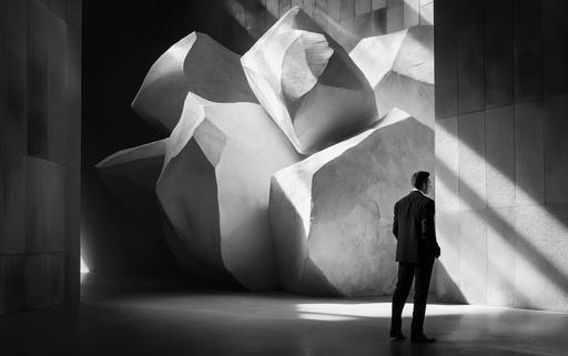 dramatic Sisyphean shot of a luminogram art gallery showcasing maximalist Sisyphean architectural luminogram endless rocks portals photography luminosity in Milan, by elsa bleda, minimal Sisyphean male in dior suit, natural sunlight and dark shadows --ar 8:5 --stylize 150 --v 6.0