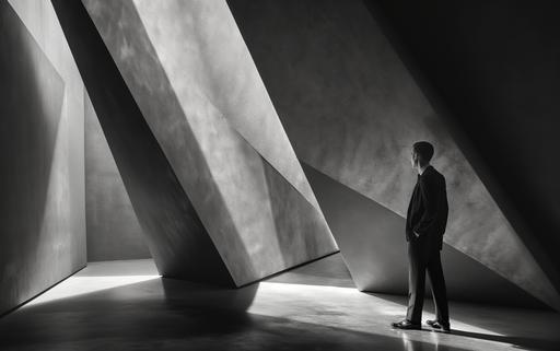 dramatic Sisyphean shot of a luminogram art gallery showcasing maximalist Sisyphean architectural luminogram endless rocks portals photography luminosity in Milan, by elsa bleda, minimal Sisyphean male in dior suit, natural sunlight and dark shadows --ar 8:5 --stylize 150 --v 6.0