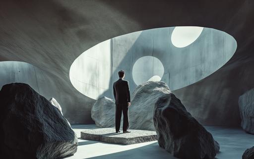 dramatic Sisyphean shot of a luminogram art gallery showcasing maximalist Sisyphean architectural luminogram endless rocks portals photography luminosity in Milan, by elsa bleda, minimal Sisyphean male in dior suit, natural sunlight and dark shadows --ar 8:5 --stylize 150 --v 6.0