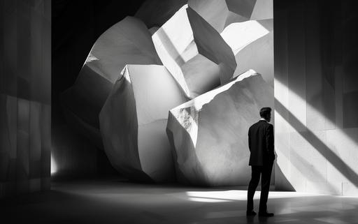 dramatic Sisyphean shot of a luminogram art gallery showcasing maximalist Sisyphean architectural luminogram endless rocks portals photography luminosity in Milan, by elsa bleda, minimal Sisyphean male in dior suit, natural sunlight and dark shadows --ar 8:5 --stylize 150 --v 6.0