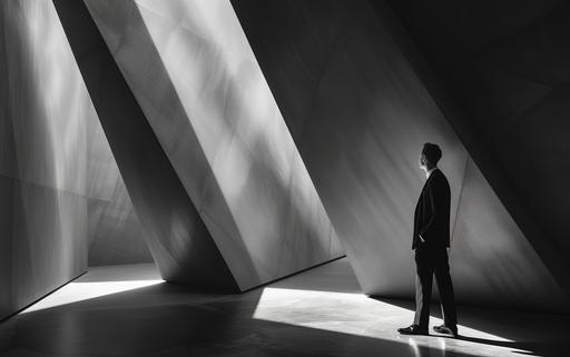 dramatic Sisyphean shot of a luminogram art gallery showcasing maximalist Sisyphean architectural luminogram endless rocks portals photography luminosity in Milan, by elsa bleda, minimal Sisyphean male in dior suit, natural sunlight and dark shadows --ar 8:5 --stylize 150 --v 6.0