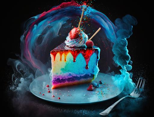 dramatic dynamic food photography, bizarre impossible magical alien birthday cake made of glowing hydrogel and plasma and crystallized rainbows, melting dripping neon watercolor splatter frosting, sublimating swirling mist fog smoke, neon lighting, explosion of color, bokeh --v 4 --ar 4:3 --c 50 --s 1000