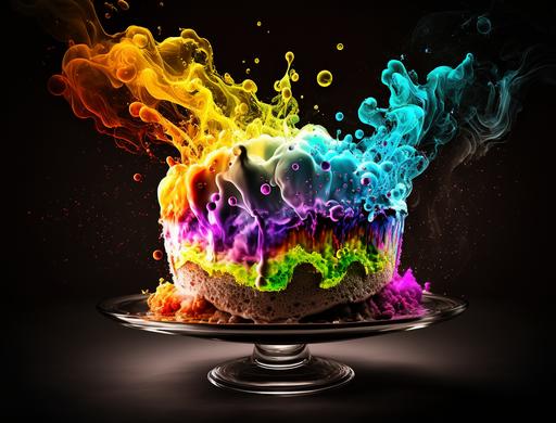 dramatic dynamic food photography, bizarre impossible magical alien birthday cake made of glowing hydrogel and plasma and crystallized rainbows, melting dripping neon watercolor splatter frosting, sublimating swirling mist fog smoke, neon lighting, explosion of color, bokeh --v 4 --ar 4:3 --c 50 --s 1000