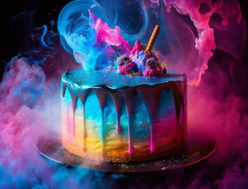 dramatic dynamic food photography, bizarre impossible magical alien birthday cake made of glowing hydrogel and plasma and crystallized rainbows, melting dripping neon watercolor splatter frosting, sublimating swirling mist fog smoke, neon lighting, explosion of color, bokeh --v 4 --ar 4:3 --c 50 --s 1000