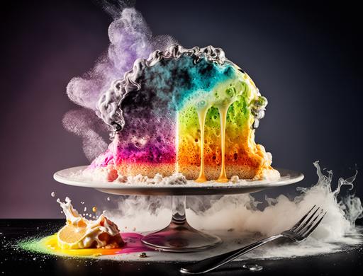 dramatic dynamic food photography, bizarre impossible magical alien birthday cake made of glowing hydrogel and plasma and crystallized rainbows, melting dripping neon watercolor splatter frosting, sublimating swirling mist fog smoke, neon lighting, explosion of color, bokeh --v 4 --ar 4:3 --c 50 --s 1000