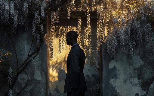 dramatic shot of a wisteria art gallery showcasing maximalist wisteria overgrown architectural luminogram endless rocks portals photography luminosity in Milan, by elsa bleda, minimal Sisyphean male in dior suit, natural sunlight and dark shadows --ar 8:5 --stylize 150 --v 6.0