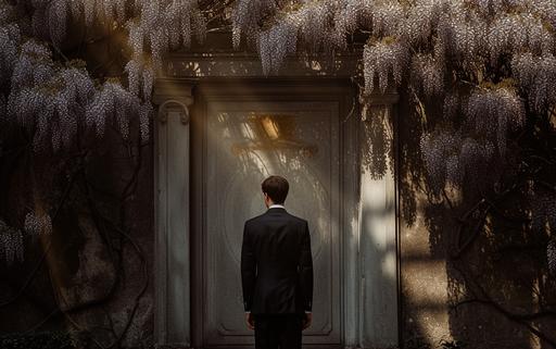 dramatic shot of a wisteria art gallery showcasing maximalist wisteria overgrown architectural luminogram endless rocks portals photography luminosity in Milan, by elsa bleda, minimal Sisyphean male in dior suit, natural sunlight and dark shadows --ar 8:5 --stylize 150 --v 6.0