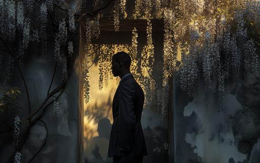 dramatic shot of a wisteria art gallery showcasing maximalist wisteria overgrown architectural luminogram endless rocks portals photography luminosity in Milan, by elsa bleda, minimal Sisyphean male in dior suit, natural sunlight and dark shadows --ar 8:5 --stylize 150 --v 6.0