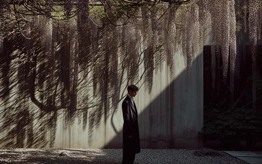 dramatic shot of a wisteria art gallery showcasing maximalist wisteria overgrown architectural luminogram endless rocks portals photography luminosity in Milan, by elsa bleda, minimal Sisyphean male in dior suit, natural sunlight and dark shadows --ar 8:5 --stylize 150 --v 6.0