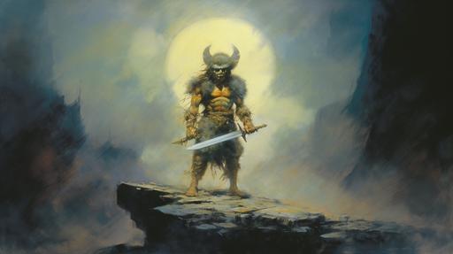 dramatis personae Fantasy art by Frank Frazetta. Fierce warrior member of a Dungeons and Dragon party --style wcO8R52CC9vp0Hylkw7oMM --ar 16:9