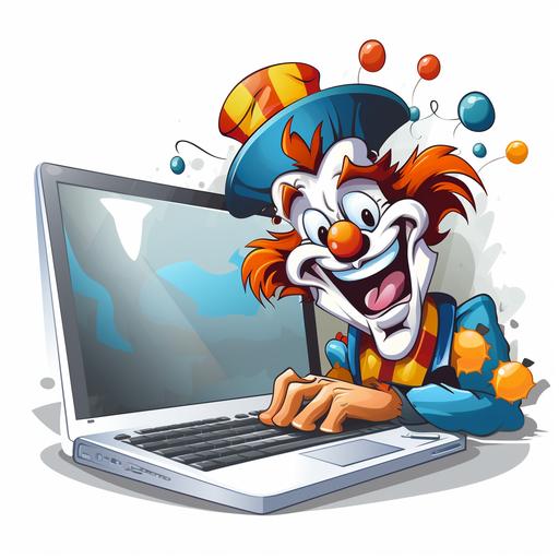 dramatis personae, a simple vector stle illustration of a company logo with a cartoon clown clubing a desktop pc, no gradients, no shadows, white background