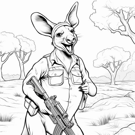 draw A laughing kangaroo in cartoon style, black line drawing on a white background, no colour, a rebel male kangaroo, wearing a bush hat standing casually at ease with bandolier, and an automatic rifle. slung over his shoulder, some military fatigues, cigarette hanging from his mouth , displaying an insouciant attitude, anti-establishment kangaroo Australian marsupial wildlife anthromorphic not too aggressive, could be funny, a joker meeting with his mates for a beer, a bit dishevelled
