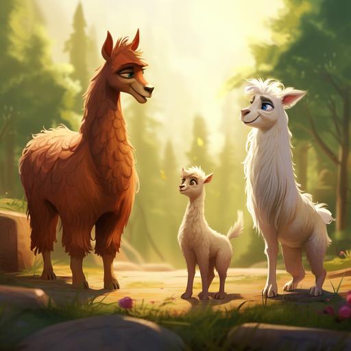 draw a baby llama is sitting and listening to two very elderly llama debating in an disney cartoon style, all llamas are lovely