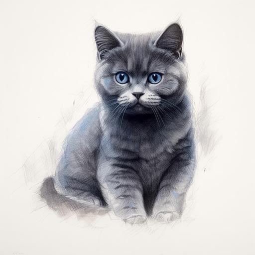 draw a british short blue cat with forward-folded ears. 5 years old. not so fat, but not so slim. It got fold ears. it got pointed face and short hairs. show me the cutiest moment of it.