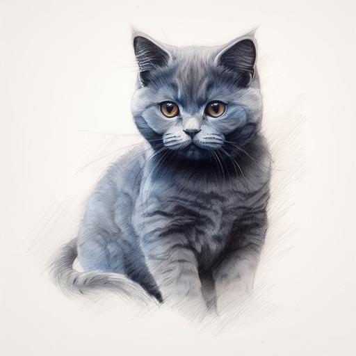 draw a british short blue cat with forward-folded ears. 5 years old. not so fat, but not so slim. It got fold ears. it got pointed face and short hairs. show me the cutiest moment of it.