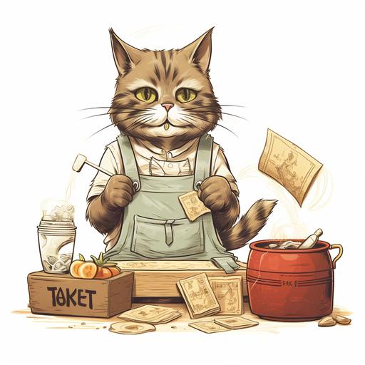 draw a cat with a mason apron selling food and a large sign next to him on the table that says Kitty $10.00 with a collection wooden box to put the money into before getting the food. do not forget the sign saying $10 Kitty