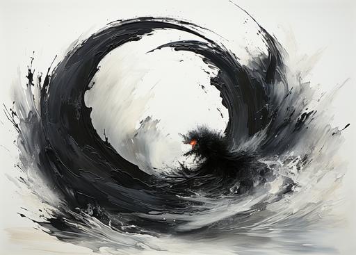 draw a hand-made enso painted with a thin brush and thick, dense black paint, so you can see the lines and imperfections but no paint drops, on a 🦀 background... --ar 32:23 --s 1000 --c 25 --weird 0.11 --style raw