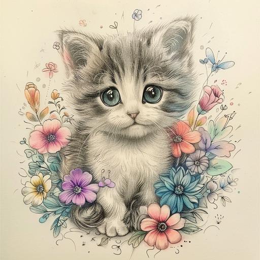 draw a little very cute kitten in pencil drawing style with flowers, pastel colors