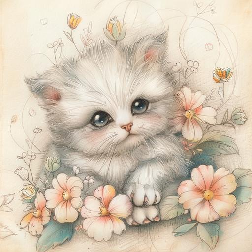 draw a little very cute kitten in pencil drawing sketch style with flowers, pastel colors