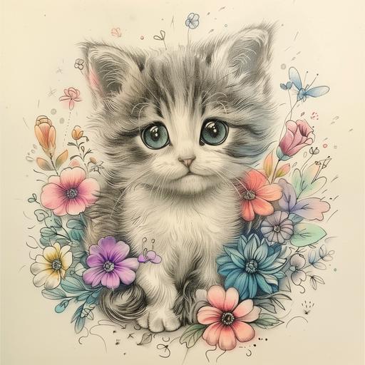 draw a little very cute kitten in pencil drawing style with flowers, pastel colors --v 6.0