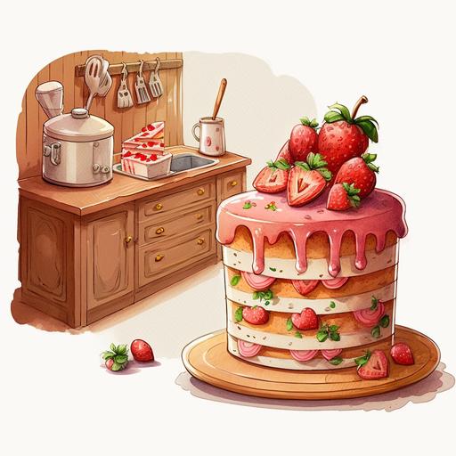 draw a set of cartoon style watercolor illustrations, theme: kitchen with a strawberry shortcake on the counter and a strawberries on the table. isolated objects: shortcake, counter, strawberries, table, kitchen. --c 0