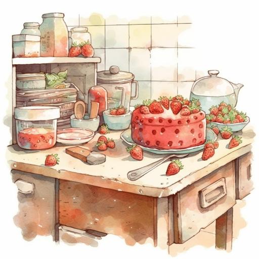 draw a set of cartoon style watercolor illustrations, theme: kitchen with a strawberry shortcake on the counter and a strawberries on the table. isolated objects: shortcake, counter, strawberries, table, kitchen. --c 0 --s 750 --v 5
