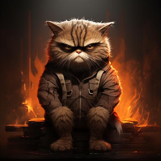 draw a sitting grumpy cat, sad face, striped brown fur, short hair, black background --q 0.5 --s 250