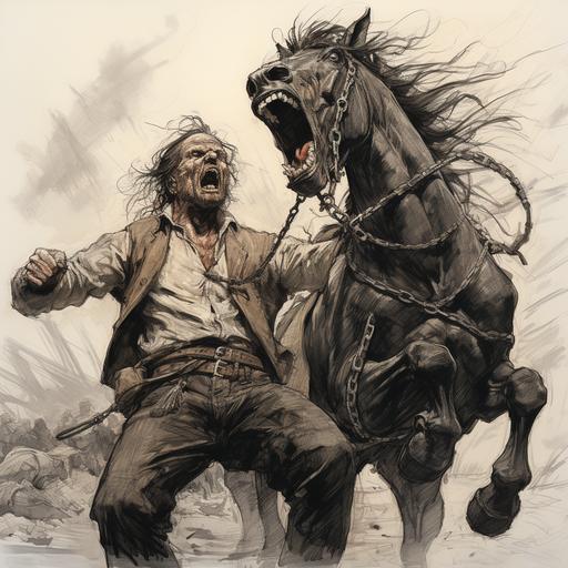 draw a standing harnessed, tired and tortured horse and next to it an angry man screaming with a whip in his hand
