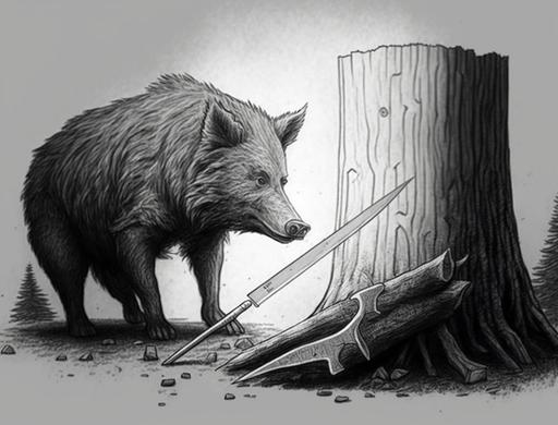 draw a wild boar sharpening his tusks against the stump of a tree and a large red fox in the background --ar 4:3