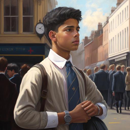 draw a young man standing in the oxford street in lodon on a sunny aftertoon dressed in a boarding school uniform looking at his watch