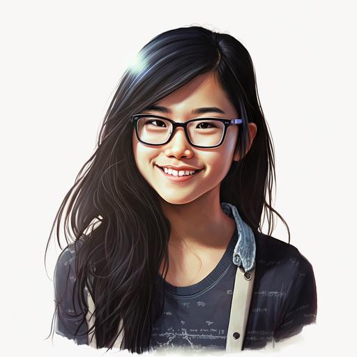 draw an animation happy asian teen girl smile with brace on teeth, black long hair, wearing glasses, confident