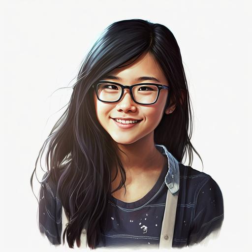 draw an animation happy asian teen girl smile with brace on teeth, black long hair, wearing glasses, confident