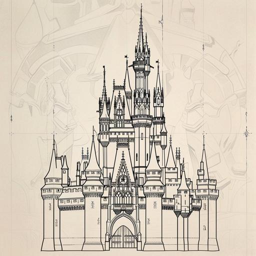 draw an architectural draft of an iconic Disney princess castle in a gothic style line drawing