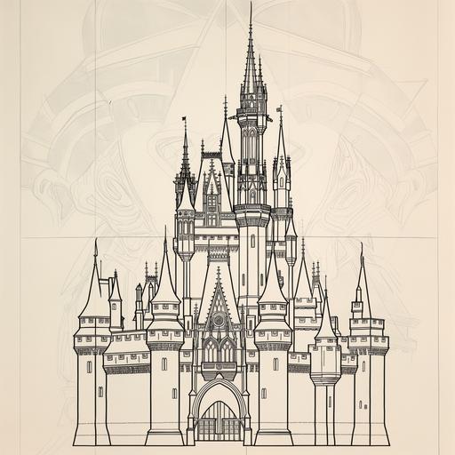 draw an architectural draft of an iconic Disney princess castle in a gothic style line drawing --v 6.0