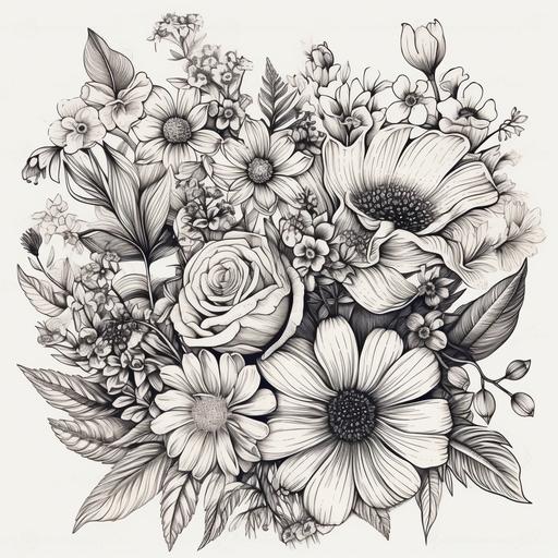 draw cartoon flowers bouquet botanical high resolution hand drawn pencil large detail high qualitywhite background --v 5