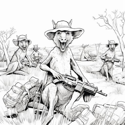 draw in the foreground A group or band of laughing kangaroos in cartoon style, black line drawing on a white background, no colour, rebels, wearing a bush hat standing casually at ease with bandolier, and an automatic rifle. slung over his shoulder, some military fatigues, cigarette hanging from his mouth , displaying an insouciant attitude, anti-establishment kangaroo Australian marsupial wildlife anthromorphic not too aggressive, could be funny, a joker meeting with his mates or mob for a beer, very dishevelled and untidy, draw them standing in front of the Australian Parliament building in Canberra, or maybe sitting brewing a billy can of tea over a camp fire