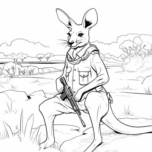 draw in the foreground A laughing kangaroo in cartoon style, black line drawing on a white background, no colour, a rebel male kangaroo, wearing a bush hat standing casually at ease with bandolier, and an automatic rifle. slung over his shoulder, some military fatigues, cigarette hanging from his mouth , displaying an insouciant attitude, anti-establishment kangaroo Australian marsupial wildlife anthromorphic not too aggressive, could be funny, a joker meeting with his mates for a beer, very dishevelled and untidy, draw him standing against the background of the Australian Parliament building in Canberra, or maybe sitting brewing a billy can of tea over a camp fire