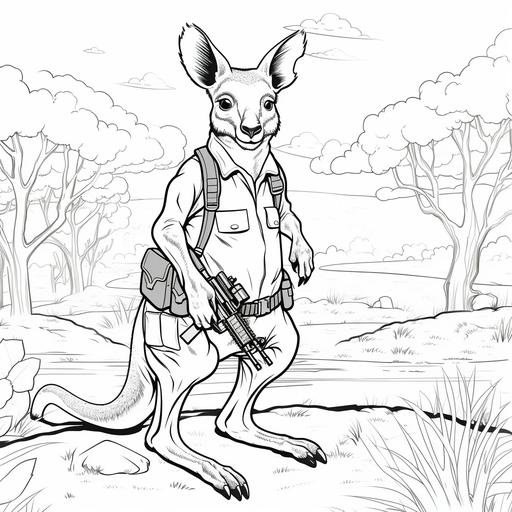 draw in the foreground A laughing kangaroo in cartoon style, black line drawing on a white background, no colour, a rebel male kangaroo, wearing a bush hat standing casually at ease with bandolier, and an automatic rifle. slung over his shoulder, some military fatigues, cigarette hanging from his mouth , displaying an insouciant attitude, anti-establishment kangaroo Australian marsupial wildlife anthromorphic not too aggressive, could be funny, a joker meeting with his mates for a beer, very dishevelled and untidy, draw him standing against the background of the Australian Parliament building in Canberra, or maybe sitting brewing a billy can of tea over a camp fire