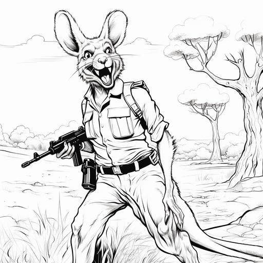 draw in the foreground A laughing kangaroo in cartoon style, black line drawing on a white background, no colour, a rebel male kangaroo, wearing a bush hat standing casually at ease with bandolier, and an automatic rifle. slung over his shoulder, some military fatigues, cigarette hanging from his mouth , displaying an insouciant attitude, anti-establishment kangaroo Australian marsupial wildlife anthromorphic not too aggressive, could be funny, a joker meeting with his mates for a beer, very dishevelled and untidy, against the bakcground of the Australian Parliament building in Canberra