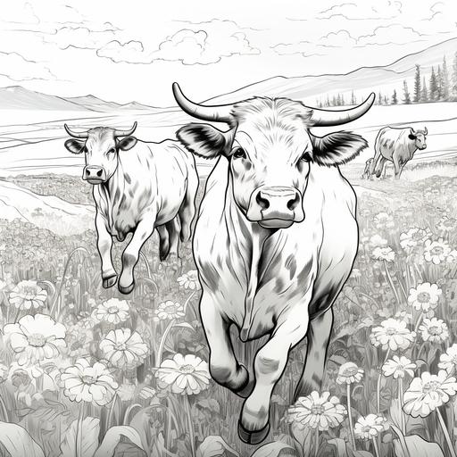 draw me a black and white image of cows running in a flowery meadow in the style of a coloring book