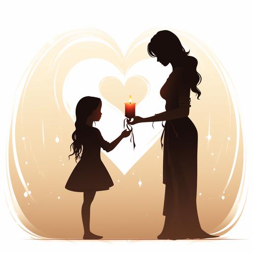 draw silhouette mother daughter holding a candle outlined with heart ribbon, light colors, white background, low detail, animated